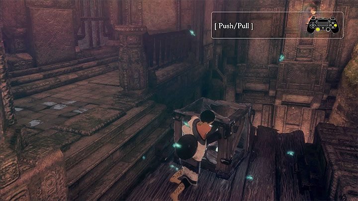 Zacznij przepychać skrzynię z beczkami - Odnalezienie lustra i wydostanie się ze startowej jaskini | The Last Guardian - The Last Guardian - poradnik do gry
