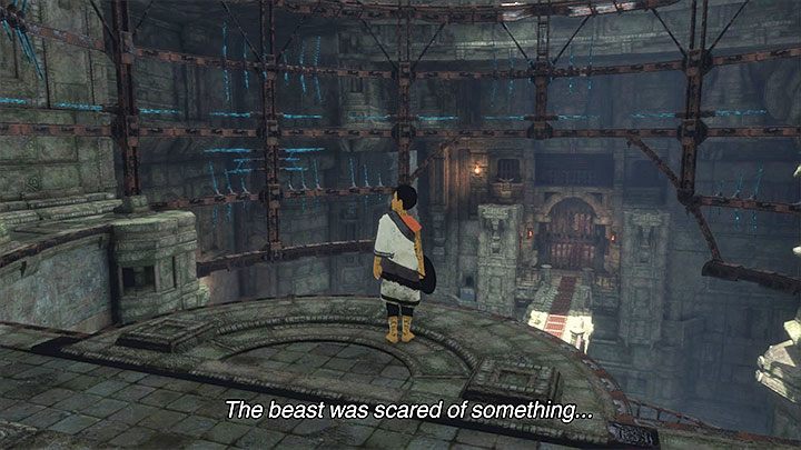 Po dotarciu do konstrukcji przypominającej klatce opuść się na dół - Przeprawa przez pierwsze ruiny z wykorzystaniem lustra | The Last Guardian - The Last Guardian - poradnik do gry
