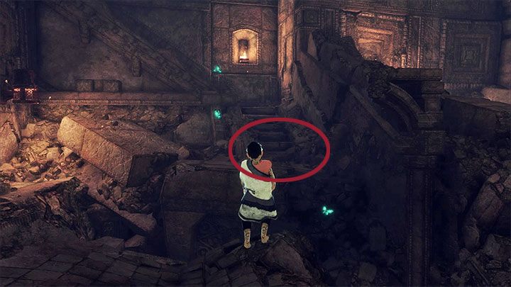 Podnieś beczkę, obróć się w prawo i wykonaj rzut w stronę półki z obrazka 1 - Oswobodzenie się po upadku i przyniesienie Trico beczki | The Last Guardian - The Last Guardian - poradnik do gry