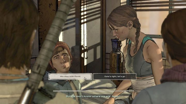 Wybór ten w pewnym stopniu determinuje jedno z zakończeń tego epizodu - Rozdział 6 - Close to the Edge | Epizod 3 - Above the Law - The Walking Dead: The Telltale Series - A New Frontier - poradnik do gry