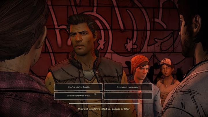Rozdział rozpocznie się od kłótni między Davem i resztą - Rozdział 2 - Promises and Lies | Epizod 5 - From the Gallows - The Walking Dead: The Telltale Series - A New Frontier - poradnik do gry