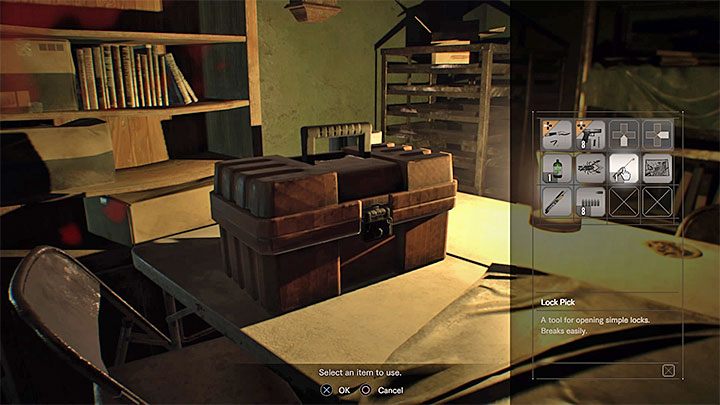 Przykładowa zamknięta skrzynka, na której może zostać użyty wytrych (zamknięte obiekty mają swoje ikony na mapie) - Resident Evil 7: Osiągnięcia, trofea - lista - Resident Evil 7 - poradnik, solucja