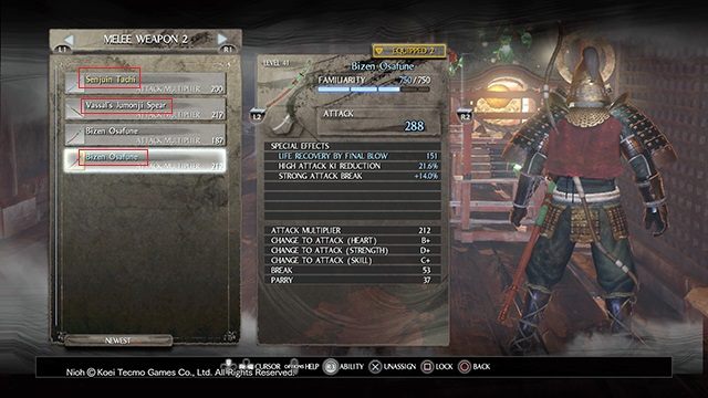 Kolor jakim opisana jest broń oznacza jej rzadkość - NiOh: Statystyki i znajomość broni - NiOh - poradnik do gry