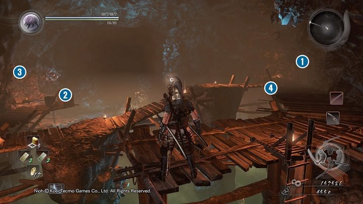 Po zejściu na niższy poziom zobaczysz kilka drabin - NiOh: Upiory srebrnej kopalni (The Silver Mine Writhes) - solucja - NiOh - poradnik do gry