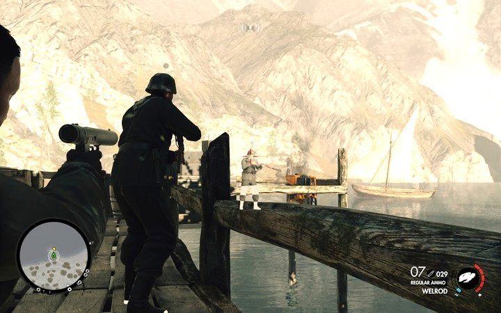 Dwóch strażników na molo - jednego pozbądź się bronią, drugiego w walce wręcz - Czyszczenie punktów kontrolnych | Wiadukt Regilino - Sniper Elite 4 - poradnik do gry