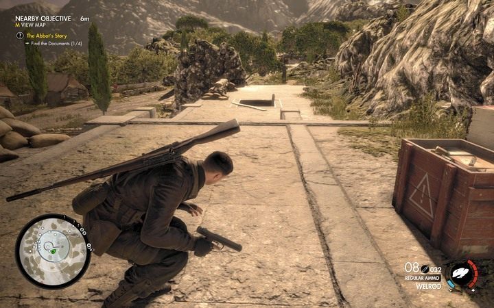 Uważaj idąc do bunkra - możesz zostać zauważony z ulicy - Jak zdobyć drugi dokument i Panzerfaust w lokacji Klasztora Abrunza - Sniper Elite 4 - poradnik do gry