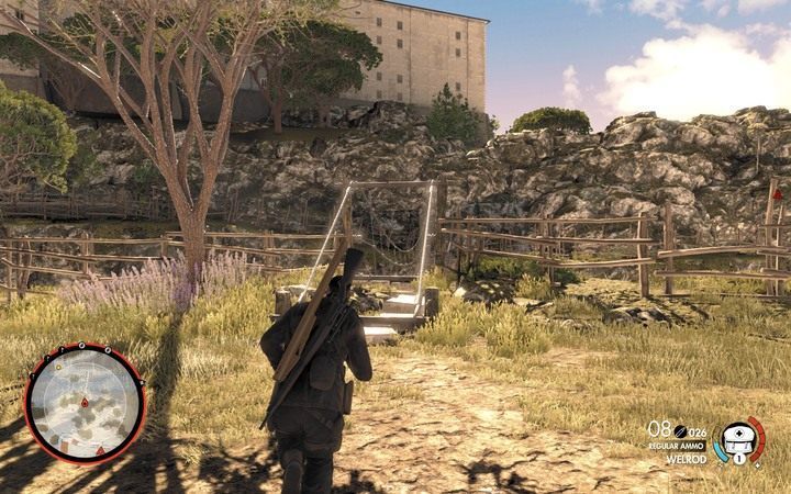 Przejdź mostem na teren klasztoru - Jak zniszczyć trzecie działo i dzwon w lokacji Klasztor Abrunza | Sniper Elite 4 - Sniper Elite 4 - poradnik do gry