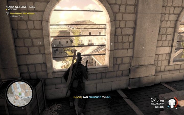 Okno wieży to dobra pozycja snajperska - Jak zniszczyć trzecie działo i dzwon w lokacji Klasztor Abrunza | Sniper Elite 4 - Sniper Elite 4 - poradnik do gry
