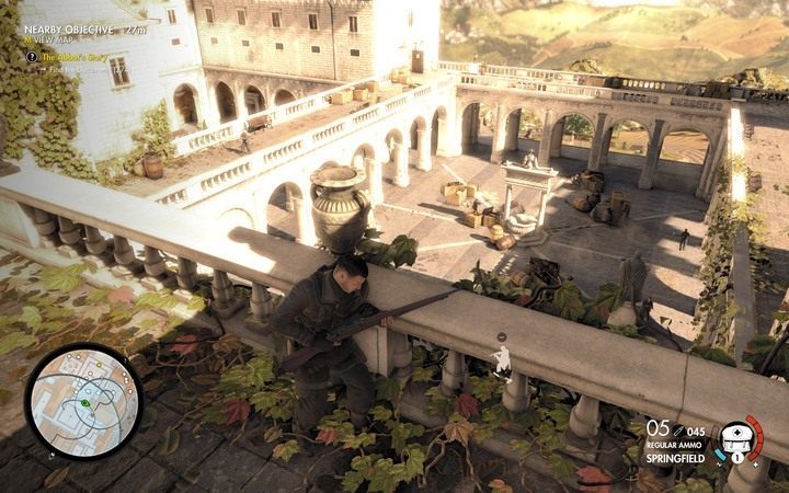 Uważaj zerkając przez balustradę - możesz zostać dostrzeżony, a tego pewnie byś nie chciał... - Capo i dwa ostatnie dokumenty w lokacji Klasztor Abrunza | Sniper Elite 4 - Sniper Elite 4 - poradnik do gry
