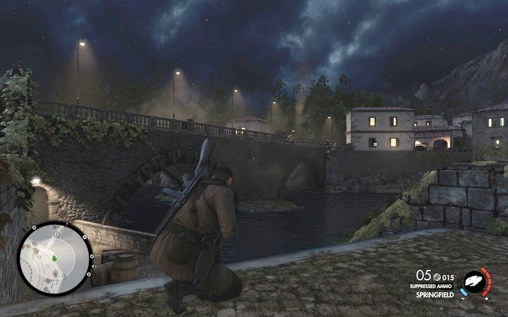 Wybiegnij na most i szybko wysadź działo porzucając już wyspę Rothbauera - I i II działo, sejf Rothbauera w lokacji Willa Giovi Fiorini | Sniper Elite 4 - Sniper Elite 4 - poradnik do gry