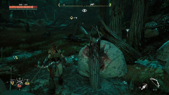Na miejscu znajdziesz sporo maszyn, które trzeba zbadać - Horizon Zero Dawn: Ślad dowódczyni (The War Chief Trail) solucja - Horizon Zero Dawn - poradnik, solucja