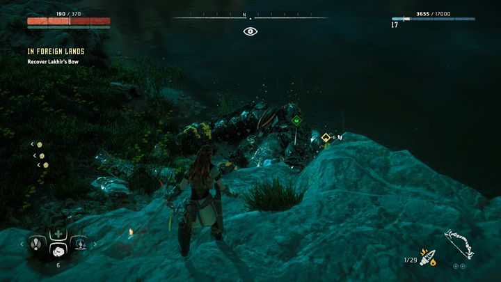 Wystarczy, że ustawisz się na szczycie skały i poczekasz aż się zbliży - Horizon Zero Dawn: W obcych krajach (In Foreign Lands) | Wieża Dnia, solucja - Horizon Zero Dawn - poradnik, solucja