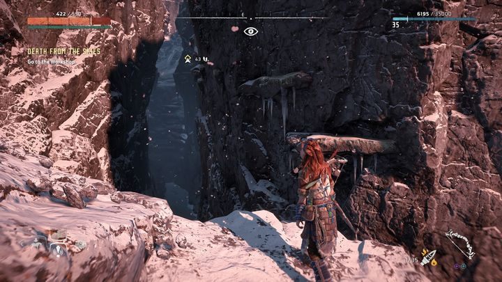 Dojdź do końca ścieżki i wskocz na ścianę widoczną na obrazku - Horizon Zero Dawn: Śmierć z przestworzy (Death from the Skies) | Solucja - Horizon Zero Dawn - poradnik, solucja