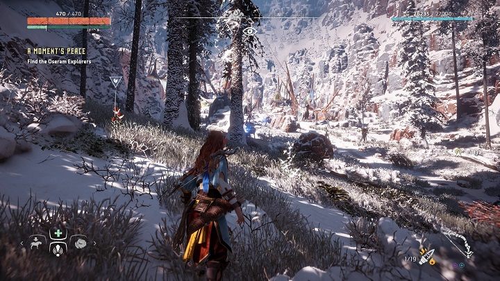 Gdy zbliżysz się od obszaru oznaczonego przez zadanie, to zobaczysz powyższy widok - Horizon Zero Dawn: Chwila spokoju (A Moments Peace) | Południk, solucja - Horizon Zero Dawn - poradnik, solucja