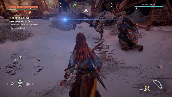W centralnej części obozu tuż obok szczątków wielkiej maszyny znajdziesz mężczyznę o imieniu Tikuk - Horizon Zero Dawn: Chwila spokoju (A Moments Peace) | Południk, solucja - Horizon Zero Dawn - poradnik, solucja