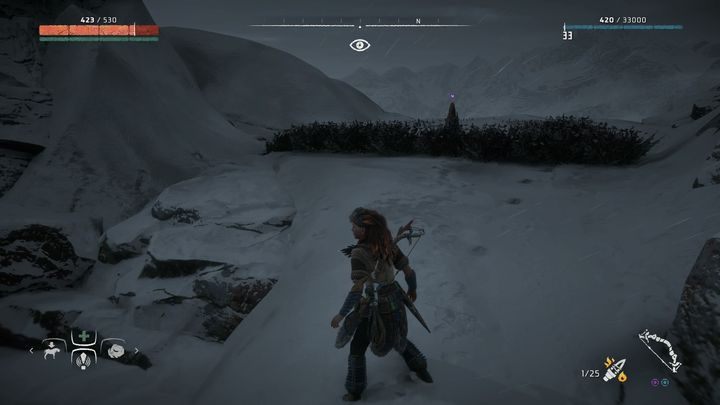 Z górskiej ścieżki widocznej na obrazku musisz wejść na szczyt pomniejszej górki w okolicy znacznika - Horizon Zero Dawn: Metalowe Kwiaty - lista, mapa | Kolekcje i znajdźki - Horizon Zero Dawn - poradnik, solucja