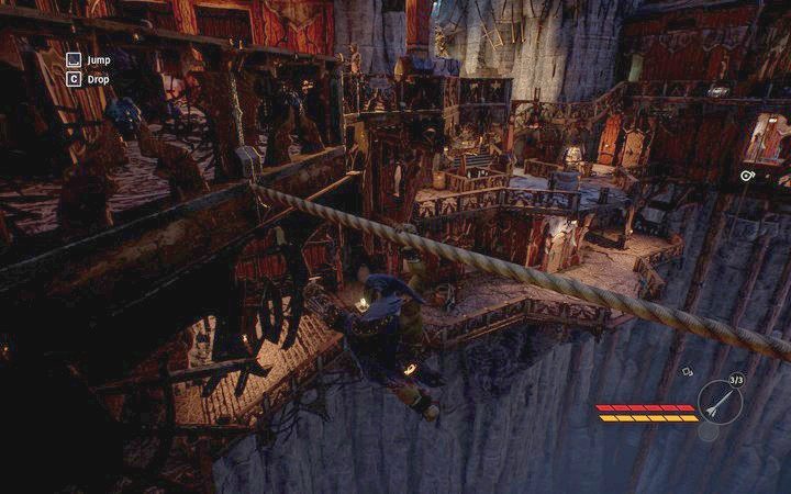 Przejdź liną na balkony, przeskocz następnie nimi na prawo - Przejdź na balkon w kwaterach | Misja 2 - Korrangar | Opis przejścia Styx - Styx: Shards of Darkness - poradnik do gry