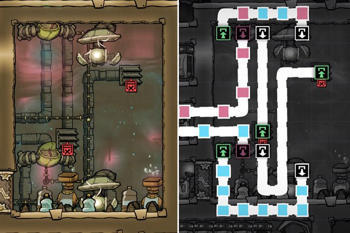 Przykład produkcji tlenu i wodoru oraz rozprowadzenie go dalej za pomocą systemu wentylacji. - Specjalistyczne pomieszczenia w Oxygen Not Included - Oxygen Not Included - poradnik do gry