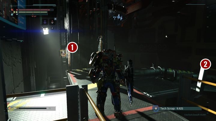 Na najwyższym piętrze znajdziesz egzowindę [1] i most [2] na drugą stronę przepaści - Wieża wentylacyjna | Opis przejścia The Surge - The Surge - poradnik do gry