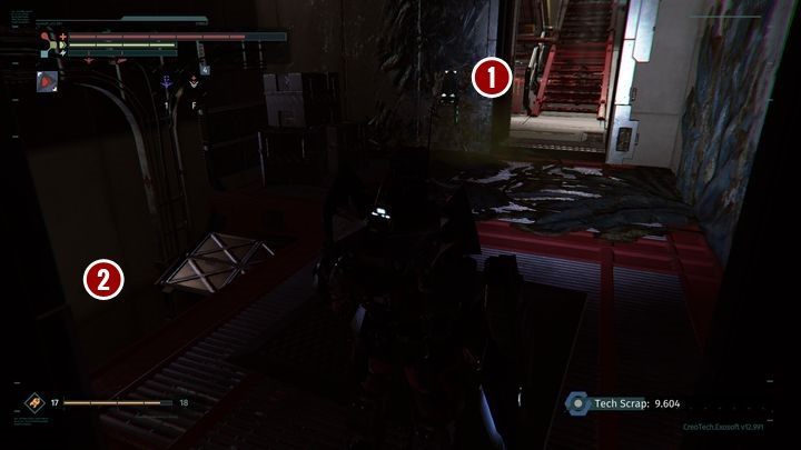 Otwórz widoczne na obrazku drzwi [1], żeby odblokować skrót do klatki schodowej, na której już wcześniej byłeś - Jądro - finał The Surge The Surge - The Surge - poradnik do gry