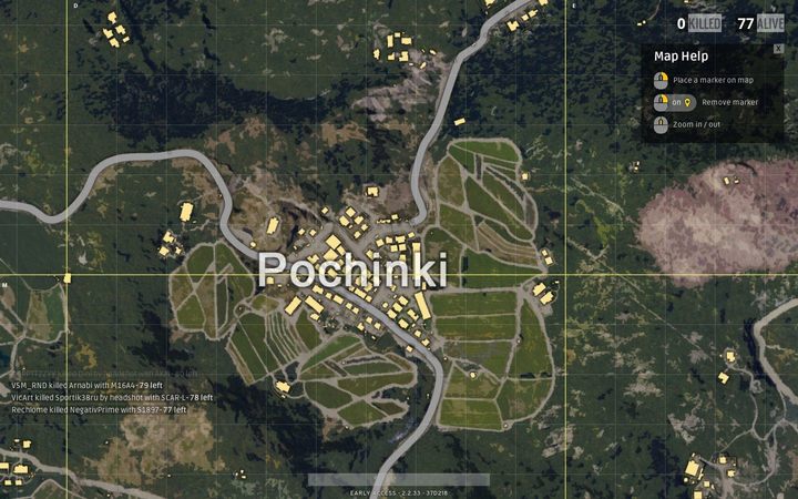 Na południe od Rozhoka i Yasnayey Polyany znajdziesz malutkie miasto Pochinki [punkt 5 na mapie] - i choć jest ono często omijane przez graczy, to jest to potężny arsenał różnorodnych broni - PUBG: Erangel, mapa - Ważne miejsca, lądowanie, pojazdy, loot - PUBG - poradnik do gry