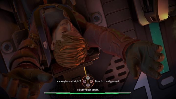 Po rozbiciu statku, odbądź dialog z resztą drużyna, która będzie dość niezadowolona po trudnym lądowaniu - Wizyta na obcej planecie | Guardians of the Galaxy - Guardians of the Galaxy: The Telltale Series - poradnik do gry