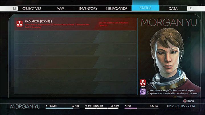 Informacja o chorobie popromiennej pojawia się w menu statusów - Eksploracja w Prey | Podstawy rozgrywki - Prey - poradnik do gry