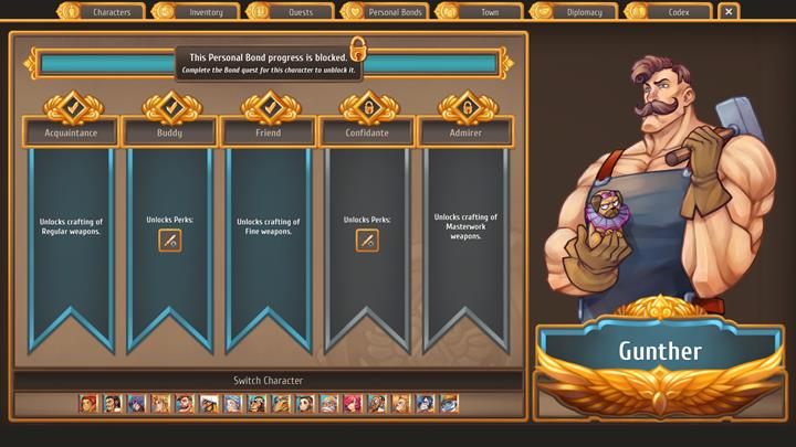 Gunther to okoliczny kowal, u którego będziesz stworzył lepsze bronie - Z jakimi mieszkańcami budować relacje | Mieszkańcy miasta | Regalia - Regalia: Of Men And Monarchs - poradnik do gry