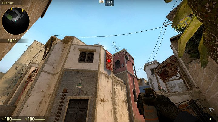 Ustaw się w rogu budynku i wyceluj w oznaczony na obrazku punkt - Mirage | Mapy turniejowe | CS GO - CS GO - poradnik do gry