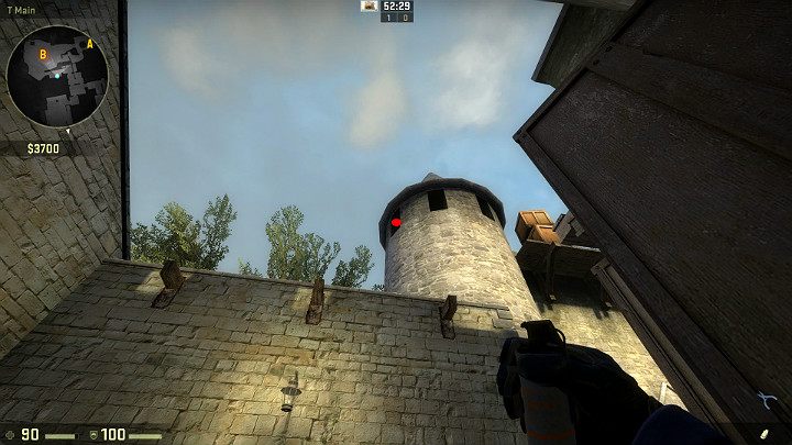 Stań plecami do ściany, zaraz obok skrzynek i wyceluj w oznaczony na obrazku punkt - Cobblestone | Mapy Turniejowe | CS GO - CS GO - poradnik do gry
