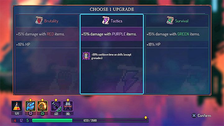 Za każdym razem gdy odnajdziesz zwój możesz dokonać wyboru pomiędzy dwoma lub trzema ulepszeniami (upgradeami) - Jak łatwo zbudować dobry build w Dead Cells? - Dead Cells - poradnik do gry