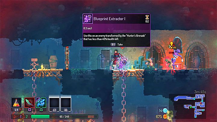 Kontynuuj atakowanie elitarnego potwora do momentu aż pozostanie mu mniej niż 40% paska zdrowia - Zdobywanie rzadkich planów - jak używać granatu Hunters Grenade w Dead Cells - Dead Cells - poradnik do gry
