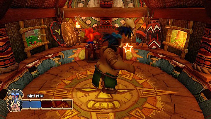 Wskoczenie bossowi na głowę ogłuszy go i pozbawi 1 punktu życia - Papu Papu | Crash Bandicoot - walki z bossami - Crash Bandicoot N. Sane Trilogy - poradnik do gry