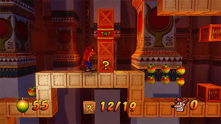 Po minięciu pierwszej grupy płyt dotrzesz do narożnika z obrazka 1 gdzie znajduje się ruchoma platforma z pytajnikiem podróżująca do bonusowej rundy - Tomb Time | Crash Bandicoot 3 | Opis przejścia | Crash Bandicoot N. Sane Trilogy - Crash Bandicoot N. Sane Trilogy - poradnik do gry