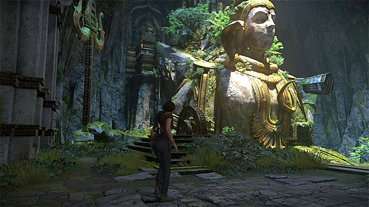 Po zdobyciu powyższego sekretu powróć na dół i dopiero teraz skorzystaj ze schodów - Rozwiązanie zagadki z posągiem Shivy | Opis przejścia - Uncharted: Zaginione Dziedzictwo - poradnik do gry