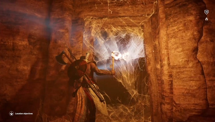 Dalej podążając za światłem będziesz musiał spalić dwie kolejne pajęczyny - Złoty Grobowiec - Golden Tomb | Odosobniona pustyni| Grobowce | AC Origins - Assassins Creed Origins - poradnik do gry