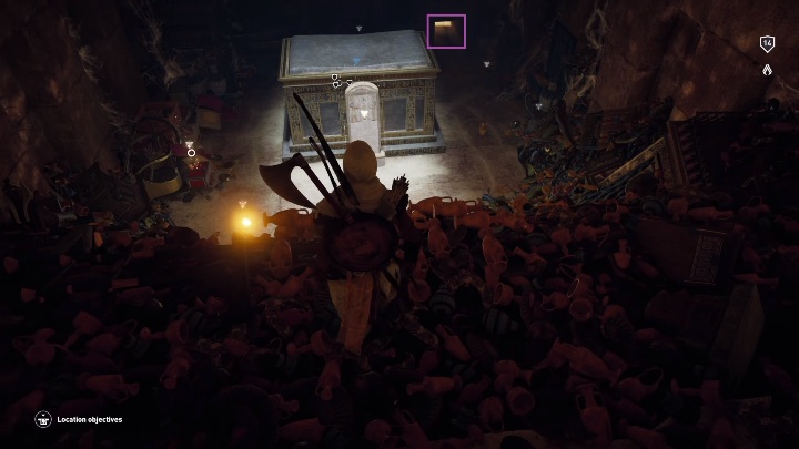 Po prawej stronie sarkofagu znajduje się przejście - na screenie kolor fioletowy - Grobowiec Chufu - Tomb of Khufu | Giza | Grobowce | Assassins Creed Origins - Assassins Creed Origins - poradnik do gry