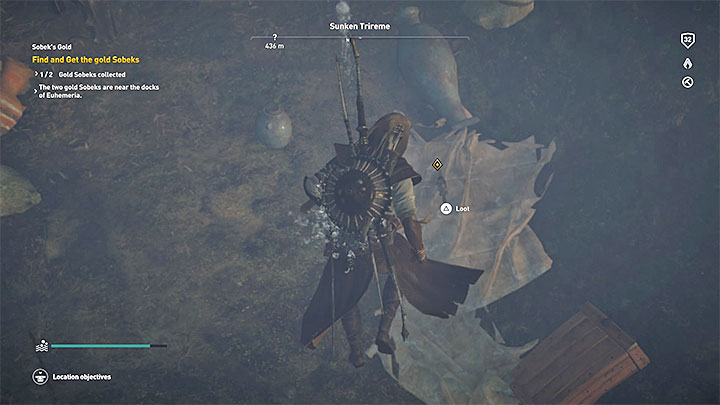 Druga figurka Sobka leży na dnie obok wschodniej łodzi - to lokacja oznaczona przez grę jako Sunken Trireme - Fajum i Oaza Fajum Zadania poboczne, mapa questów | Solucja AC Origins - Assassins Creed Origins - poradnik do gry