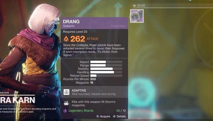 Od Tyry w trakcie wykonywania składowych zadania otrzymasz pistolet Drang, który potrzebny jest do ukończenia pozostałych zadań - Destiny 2: Rewolwer Sturm - jak zdobyć? - Destiny 2 - poradnik do gry