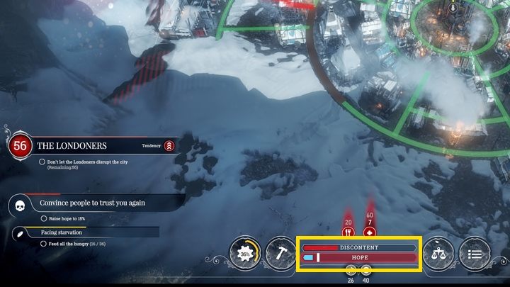 Odpowiedni znacznik określa jak bardzo musisz podnieść dany wskaźnik. - Wskaźnik nadziei i niezadowolenia we Frostpunk - Frostpunk - poradnik do gry
