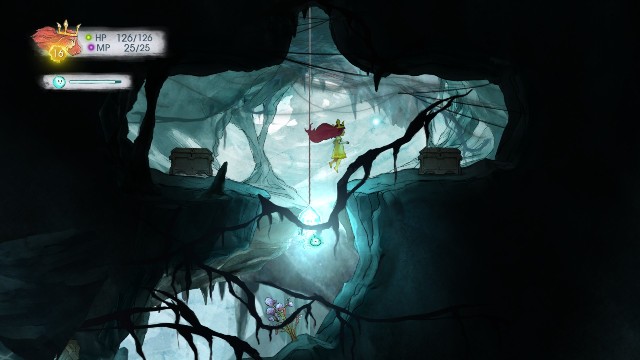 W skrzyni po lewej stronie znajdziesz Rough Ruby a po prawej Quicken Eixir - Rozdział 4 | Sekrety i znajdźki | Child of Light - Child of Light - poradnik do gry
