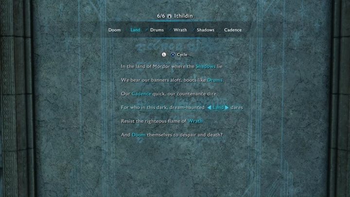 Dostępne słowa: Doom, Land, Drums, Wrath, Shadows, Cadence - Śródziemie Cień Wojny: Drzwi ithildinu - jak je otworzyć (Poematy)? - Śródziemie: Cień Wojny - poradnik do gry