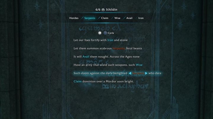 Dostępne słowa: Hordes, Serpents, Claim, Woe, Avail, Iron - Śródziemie Cień Wojny: Drzwi ithildinu - jak je otworzyć (Poematy)? - Śródziemie: Cień Wojny - poradnik do gry