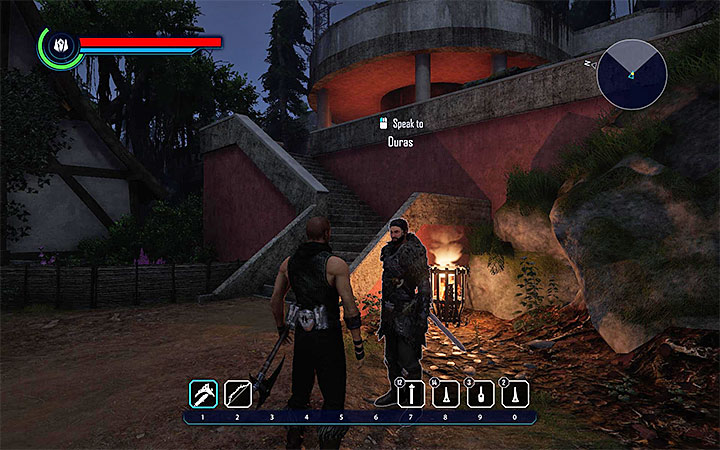 Duras stoi przy schodach prowadzących do zrujnowanego hotelu - Berserker wojownik [Duras] | Zadania towarzyszy | Solucja Elex - Elex - poradnik do gry