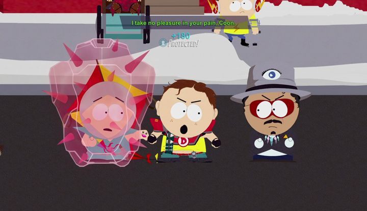 Czerwona tarcza powoduje, że atakujący lub Szopa otrzymają tyle samo obrażeń, co zadane - Pierdy minionej przyszłości | Solucja South Park Fractured But Whole - South Park: The Fractured But Whole - poradnik do gry