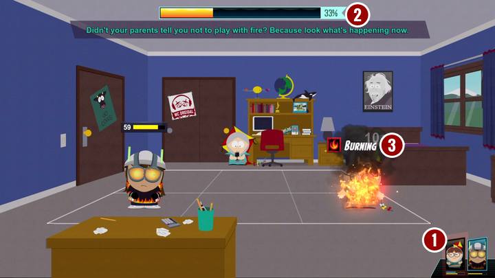 W dolnym prawym rogu ekranu widnieją ilustracje postaci w kolejności, w jakiej będą wykonywać swoje tury - Podstawy walki w South Park The Fractured But Whole - South Park: The Fractured But Whole - poradnik do gry