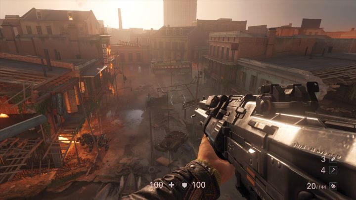 Z góry widać całe pole walki, a także biegającego po nim Pancerhunda. - Ratowanie Hortona | Nowy Orlean | Solucja Wolfenstein II: The New Colossus - Wolfenstein II: The New Colossus - poradnik do gry