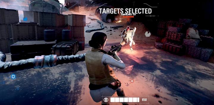 Leia może przełączyć broń na automatyczny blaster, którym błyskawicznie wystrzeliwuje kolejne pociski - Star Wars Battlefront 2: Bohaterowie - Star Wars Battlefront 2 - poradnik do gry