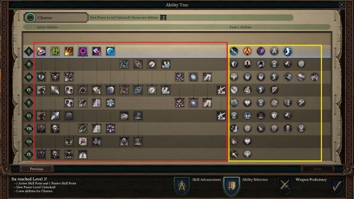 Przy każdym awansie postaci możesz zakupić Inwokacje (zaznaczone na czerwono) oraz Pieśni (zaznaczone na żółto) - Pillars of Eternity 2: Pieśniarz - klasa postaci - Pillars of Eternity 2 Deadfire - poradnik do gry