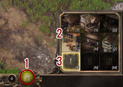 W prawym dolnym rogu znajdziesz przycisk menu konstrukcji (1), po jego kliknięciu otworzy ci się okno z budynkami (2), które możesz wnieść - Interfejs w Spellforce 3 - SpellForce 3 - poradnik do gry